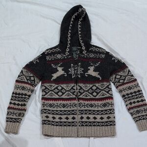 Lauren Gray Wool Hooded Zip-Up Sweater Small Reindeer Holiday Christmas